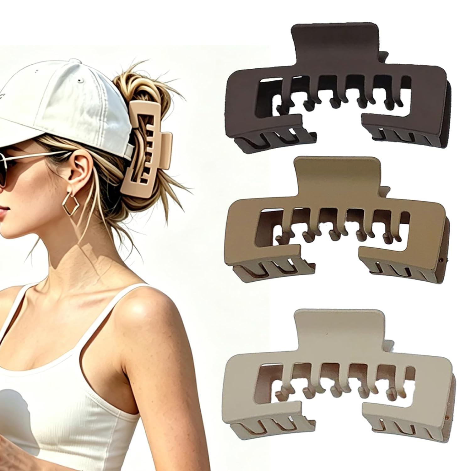 Hair Claw Clips for Women, Large Hat-Friendly Design for Baseball Caps, Non-Slip Strong Hold Accessory for Thick Thin Hair, Trucker Style Everyday Wear(3pcs)