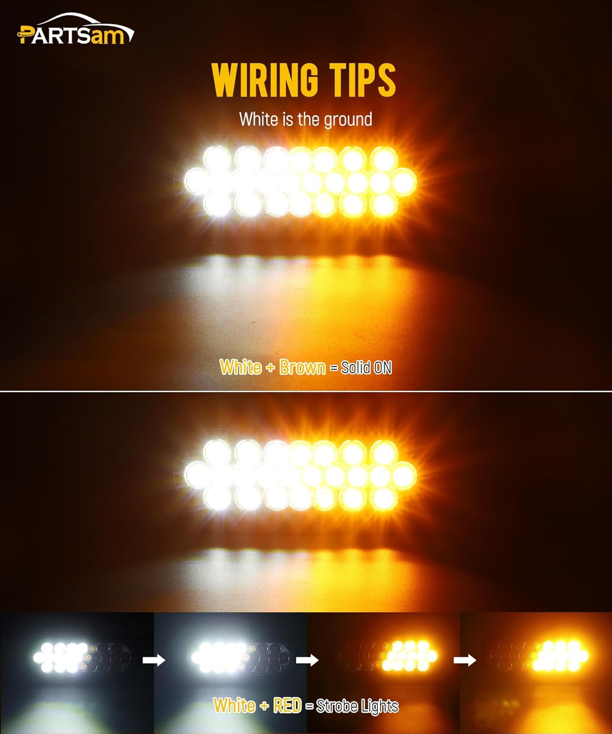 Partsam 2 Pcs 6.5 Inch Oval Amber/White Strobe Lights 24LED Recessed with With Quad Flash Patterns for Truck Towing Trailer Lights Lamps, Rubber Grommets and 3-prong Wire Pigtails Included, 10V-30V