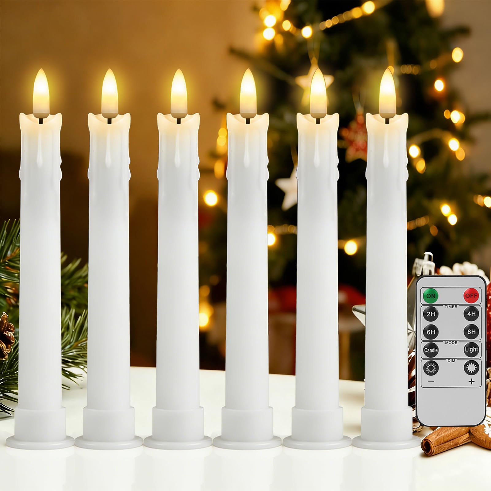 wiipara 6 Stück LED Stabkerzen, Flackernde Spitzkerzen Tropfwachs-Kerzen mit Timerfunktion, Flammenlose 17 cm LED Candles mit Fernbedienung und Sockel für Halloween, Hochzeiten, Partys, Weihnachtsdeko