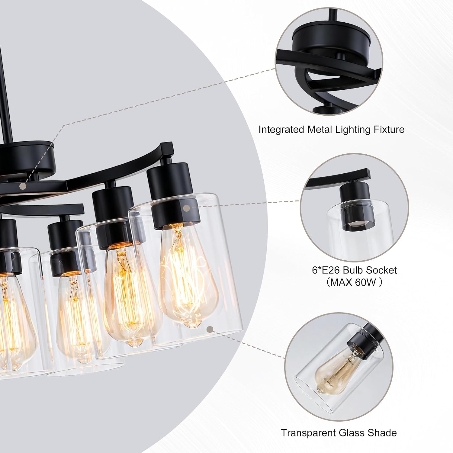 FTL Modern Farmhouse Black Chandeliers for Dining Room Light Fixture over Table, 6-Light Clear Glass Chandelier for Entryway Bedroom Living Room, Adjustable Height Hanging Pendant Light Kitchen Island