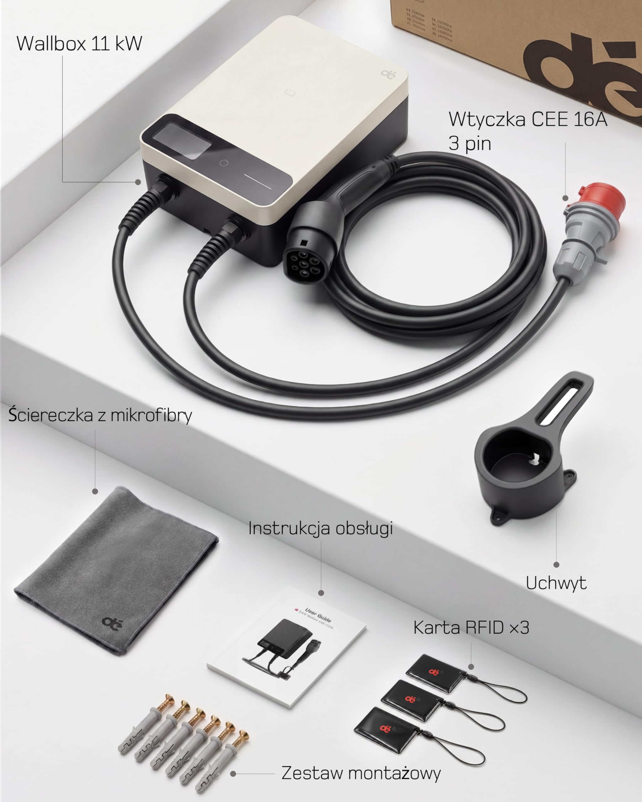 dé Skrzynka ścienna typu 2, 11 kW, z aplikacją i RFID, 6-16 A, 3-fazowa ładowarka EV, 400 V z kablem do ładowania 5 m i uchwytem na kabel do ochrony BEV/PHEV, RCD typu B i IP54, wydajna stacja