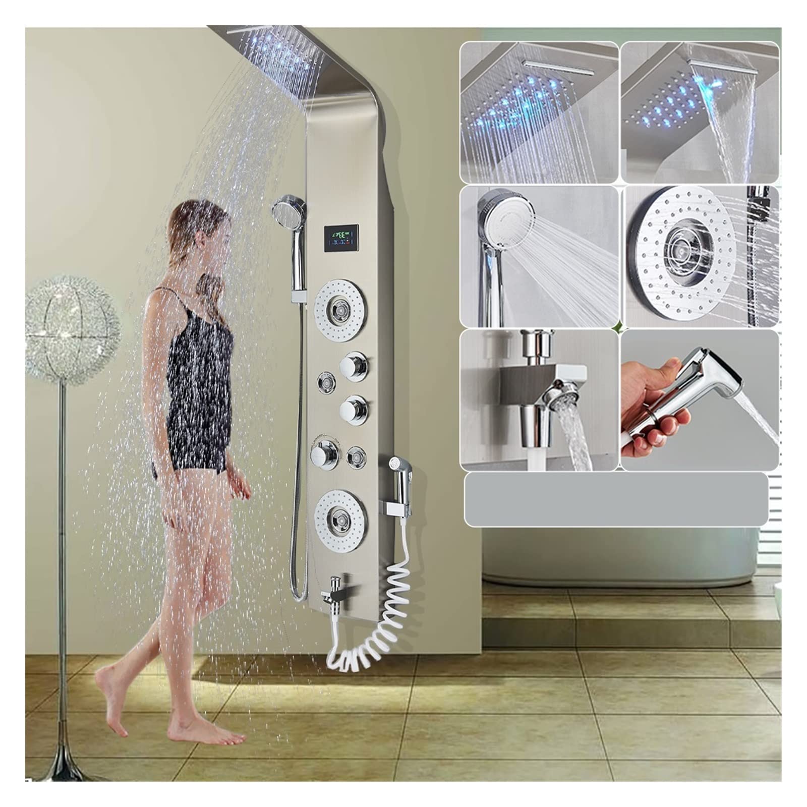 Soywim 8006 Brushed Niclel Shower System, Black Led Shower Panel Six Functions Waterfall Bathroom Faucet Spa Massage Jet Tub Mixer Sprayer(8006 Brushed Niclel)