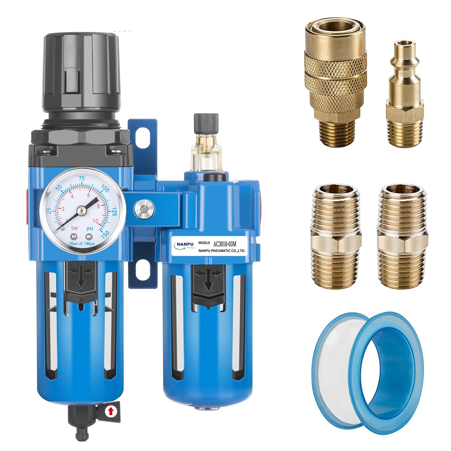 NANPU 3/4" NPT Compressed Air Filter Regulator Lubricator Combo, Water/Oil Trap Separator - Gauge(0-150 psi), Poly Bowl, Manual Drain, Bracket - AC4010-06M