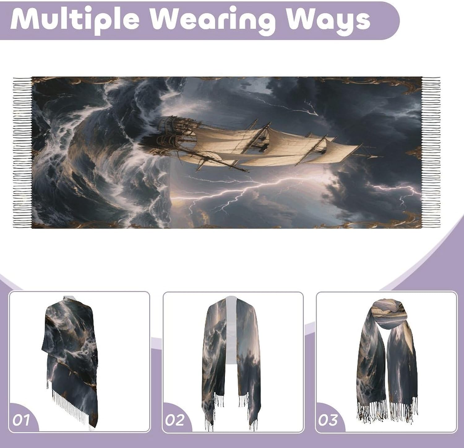 Sailing Ship in Stormy Sea Scarf for Women Men Classic Fashion Blanket Scarves Soft Cashmere Feel Scarf Cold Weather Warm Long Shawl Winter Large Scarves Classic Blanket Scarfs Thick
