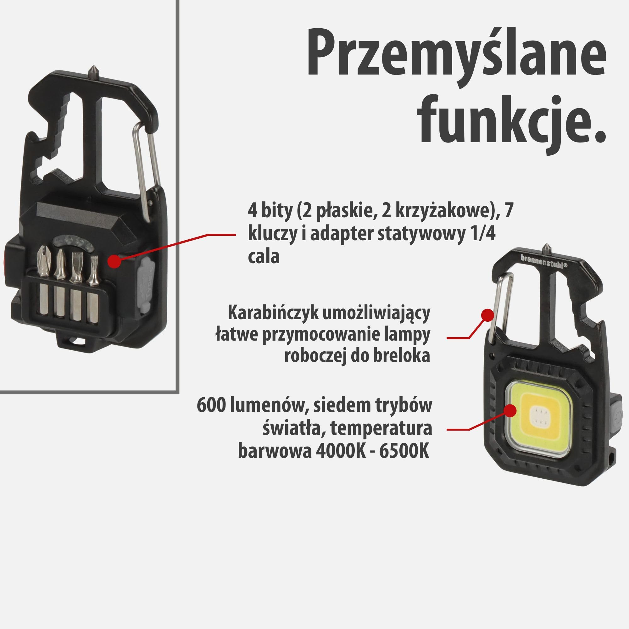 Brennenstuhl Mini LED Latarka MTL 600 A (akumulatorowa latarka warsztatowa 600 lm, 7 trybów świecenia, brelok do kluczy, otwieracz do butelek, końcówki i klucze – np. na wypadek awarii lub na kemping)