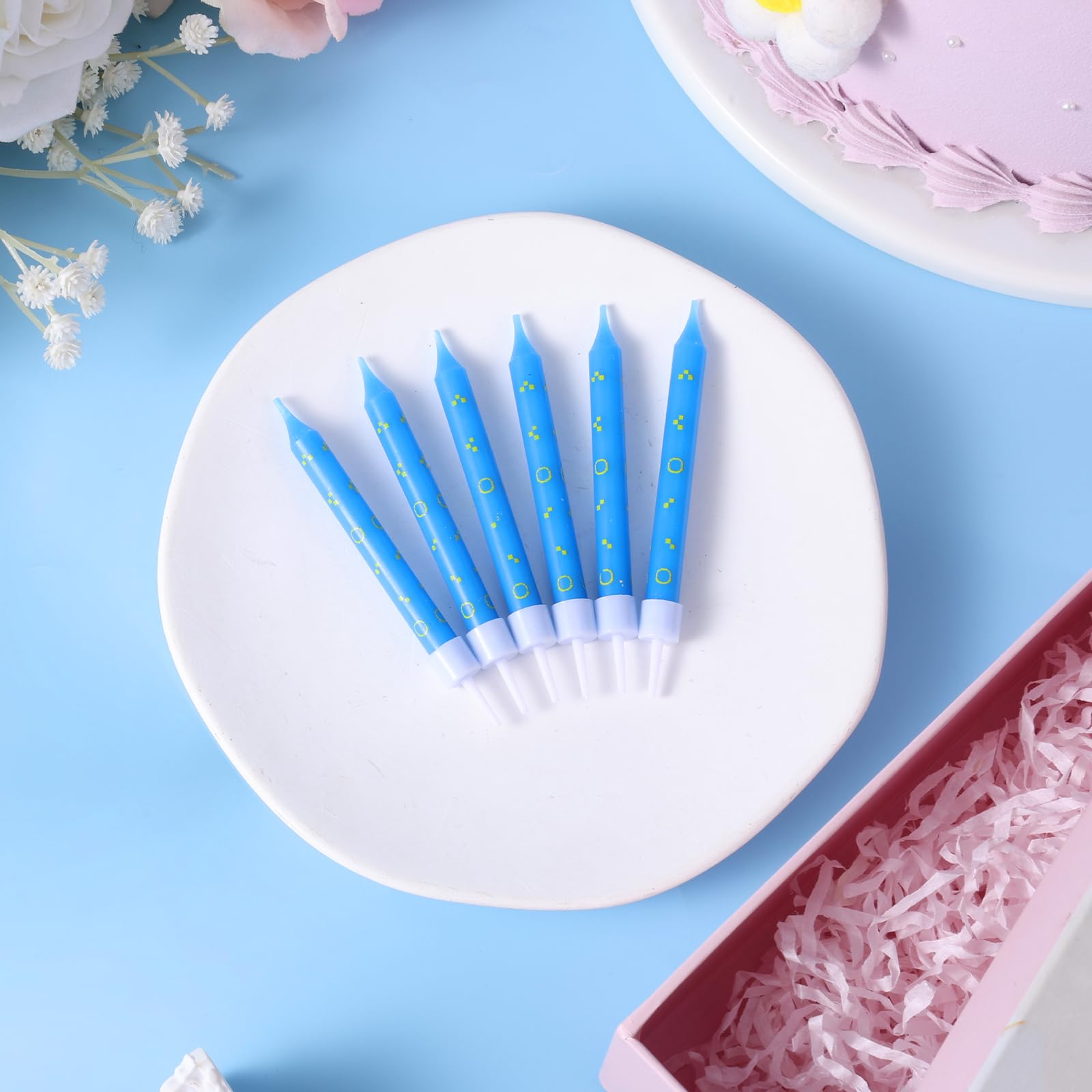 12-Pack Blue Theme Birthday Candles - Gold Ring Print Cake Candles For Party Decorations