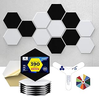 Self-Adhesive Acoustic Panels [390 lbs/yd³ Ultra-High Density], 2nd Generation Sound Absorbing Panel, Professional Level Sound Panel, Polyester Soundproof Foam [Size M, White & Black]