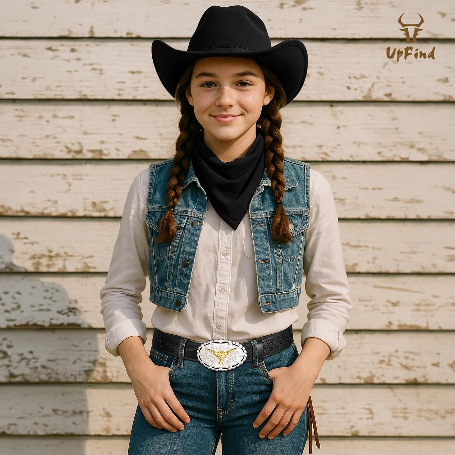 Kids Western Belt for Boys Girls Youth Engraved Cowboy Cowgirl Genuine Leather Belt with Silver Longhorn Bull Buckle
