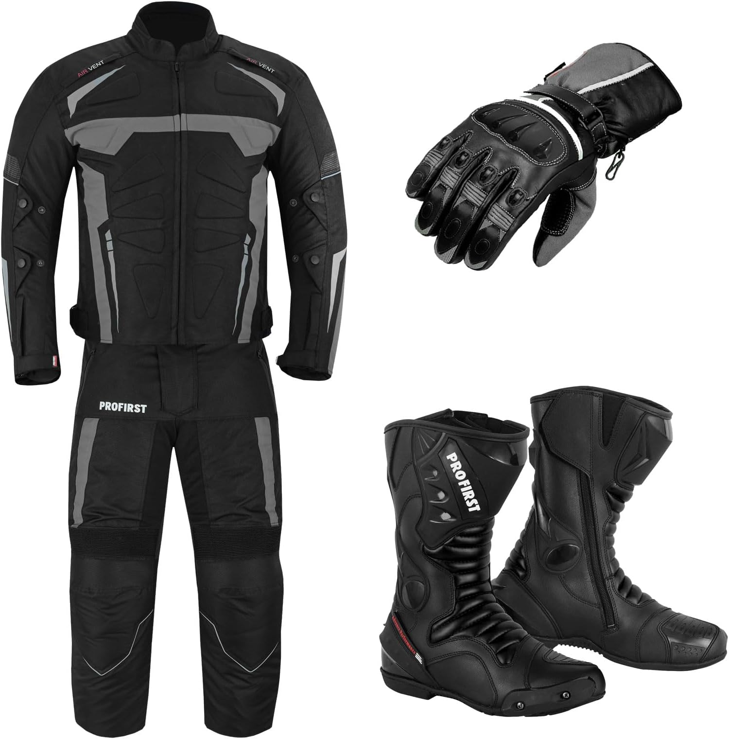 Motorcycle Clothing Suit - Motorbike Suit With Racing Gloves - Motorbike Boots Leather Shoes - 2 Piece Suit Armored Waterproof Suits Jacket Trouser CE Armor For All Weather Mens (Grey, 4XL)