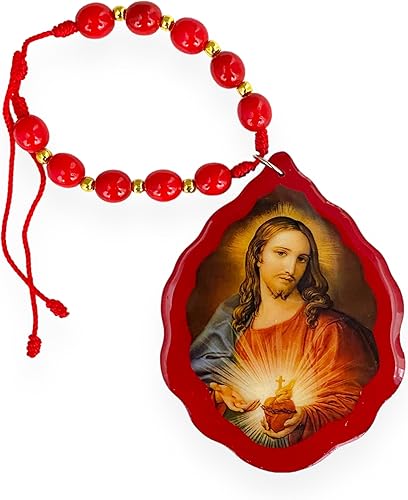 Medallón de madera rojo del Sagrado Corazón de Jesús Colgante Inicio Bendición Coche Medalla Medalla de cuna Medalla Ornamento Medallón Madera