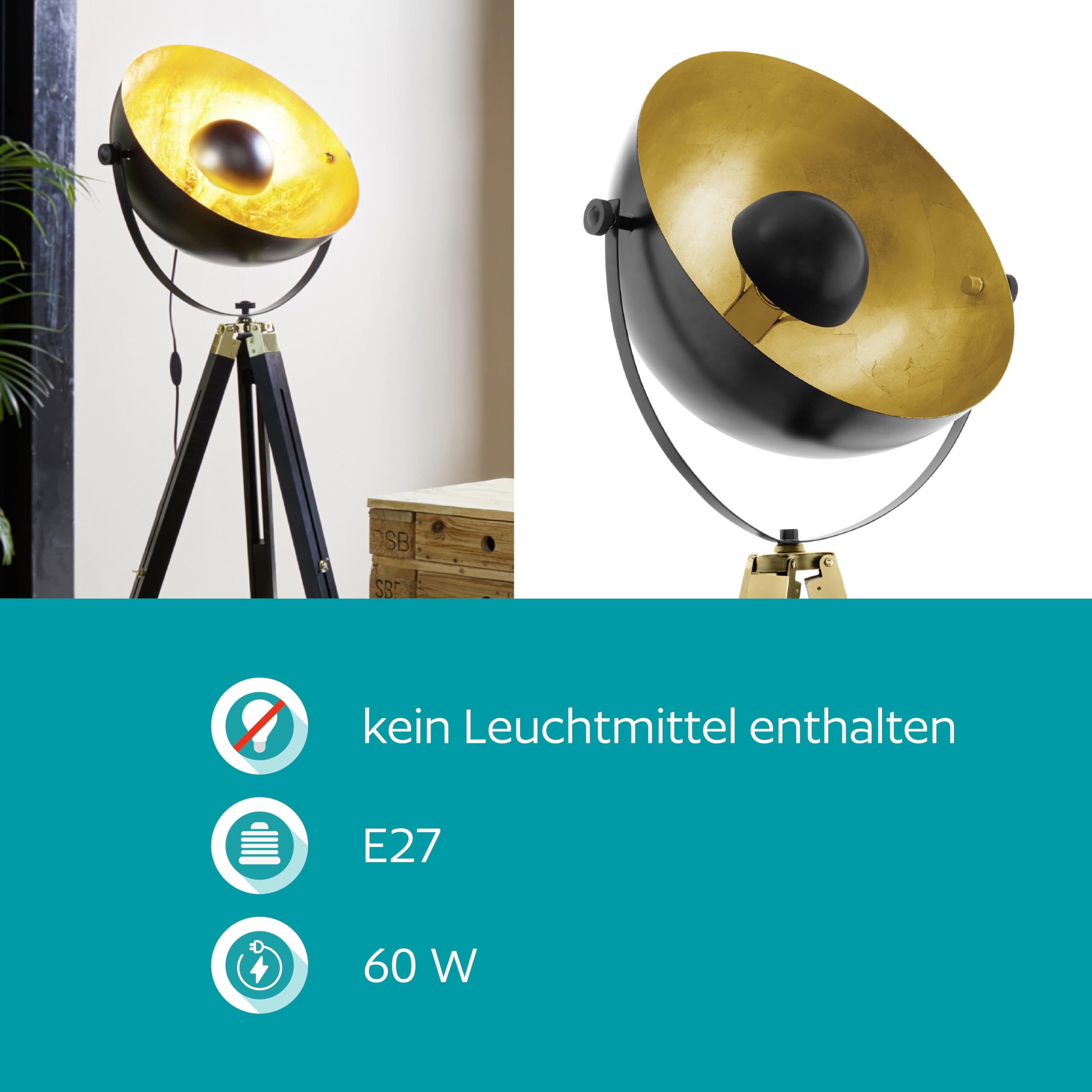EGLO Stehlampe Covaleda, Stehleuchte Industrial | Vintage Standleuchte aus Holz und Stahl, Wohnzimmerlampe in Schwarz, Gold und Messing, Lampe mit Schalter, E27 Fassung