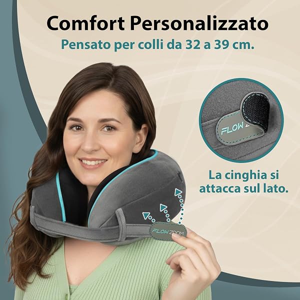 FLOWZOOM Dream Cuscino Cervicale da Viaggio in Memory Foam – Supporto Laterale Ottimale per Testa e Collo, Regolabile, Fodera Vellutata Lavabile con Sacchetto in Rete – Ideale per Aereo e Auto– Grigio - 2