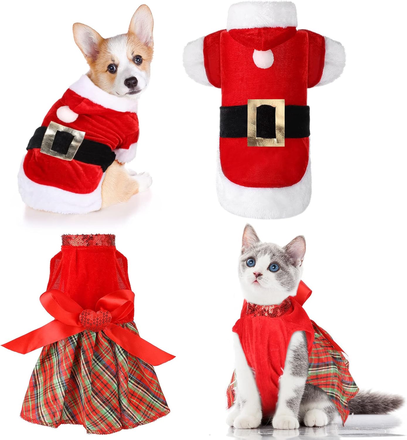 2 Pieces Christmas Dog Dress Dog Santa Costume Buffalo Plaid Dog Dress with Bowtie Dog Coat Dog Costumes Winter Hoodie Dog Coat Clothes…