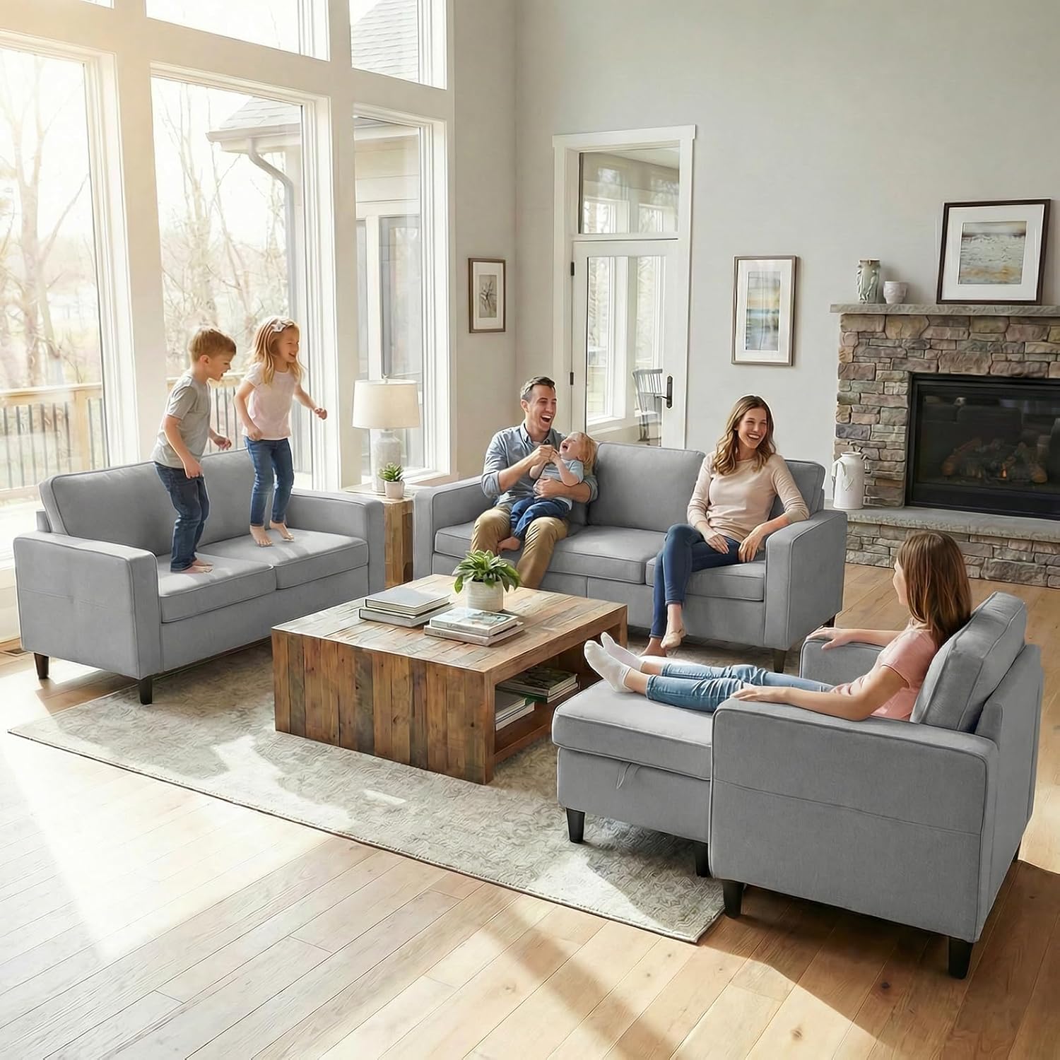 Mjkone 4 Piece Living Room Furniture Set, Modern Upholstered Convertible Sofa Set with Side Pockets and Storage Ottoman, Linen Couch for Living Room (Light Grey, Sectional Sofa + Loveseat + Single)