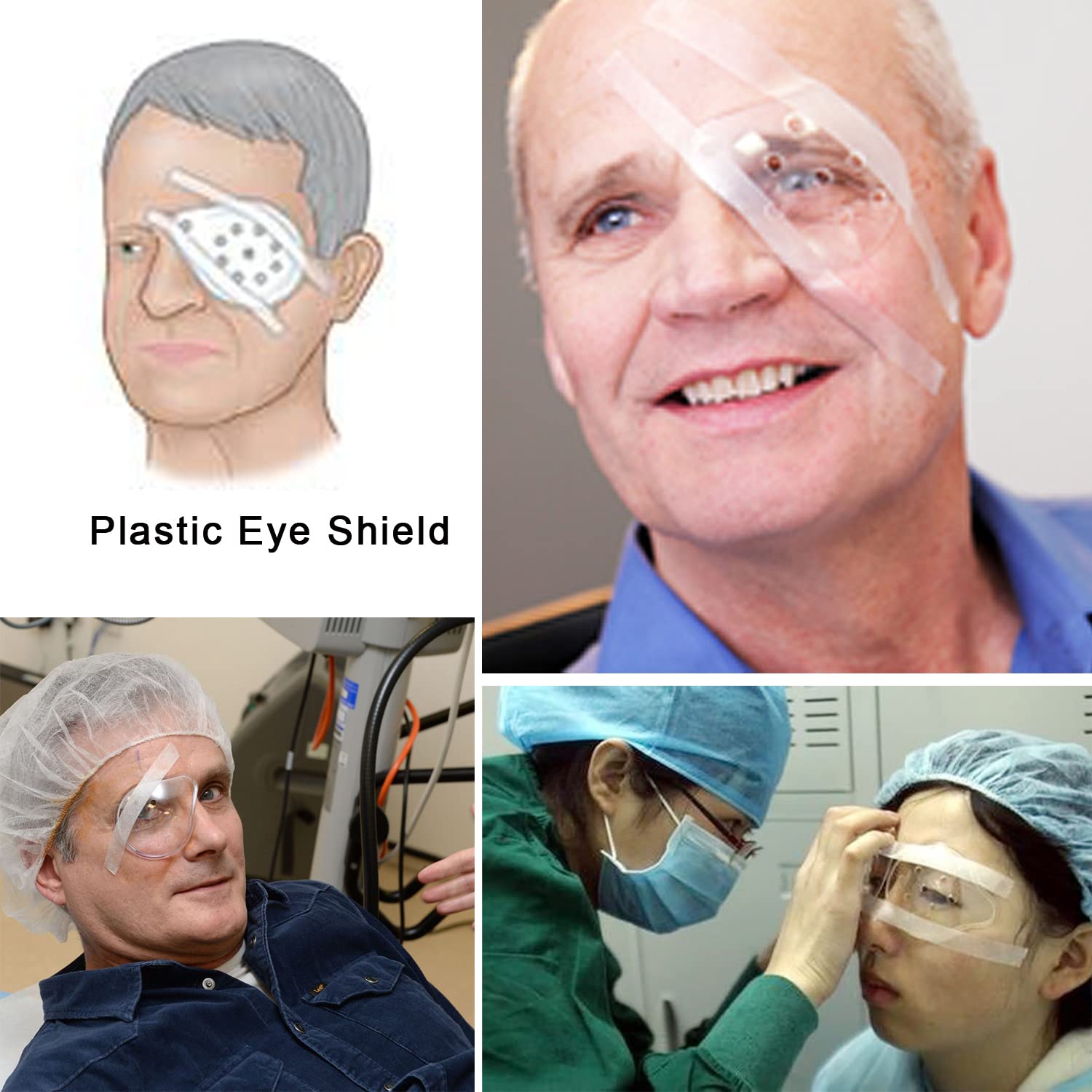 Eye Shield, 2 Pcs Plastic Shield Patch for Surgery Covering, Breathable Protection With 1 Roll Tape & 2 Elastic Rope, Clear
