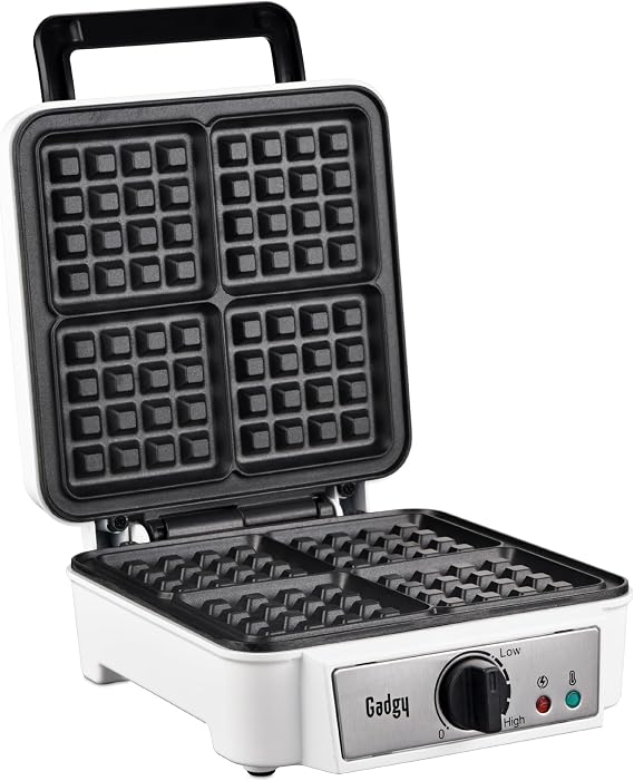 Gadgy Double Waffle Iron 1200 W for 4 Belgian Waffles White Four golden brown pieces in under 5 minutes - non-stick coating cool touch handle and vertical storage