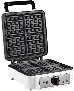 Gadgy Double Waffle Iron 1200 W for 4 Belgian Waffles White Four golden brown pieces in under 5 minutes - non-stick coating cool touch handle and vertical storage