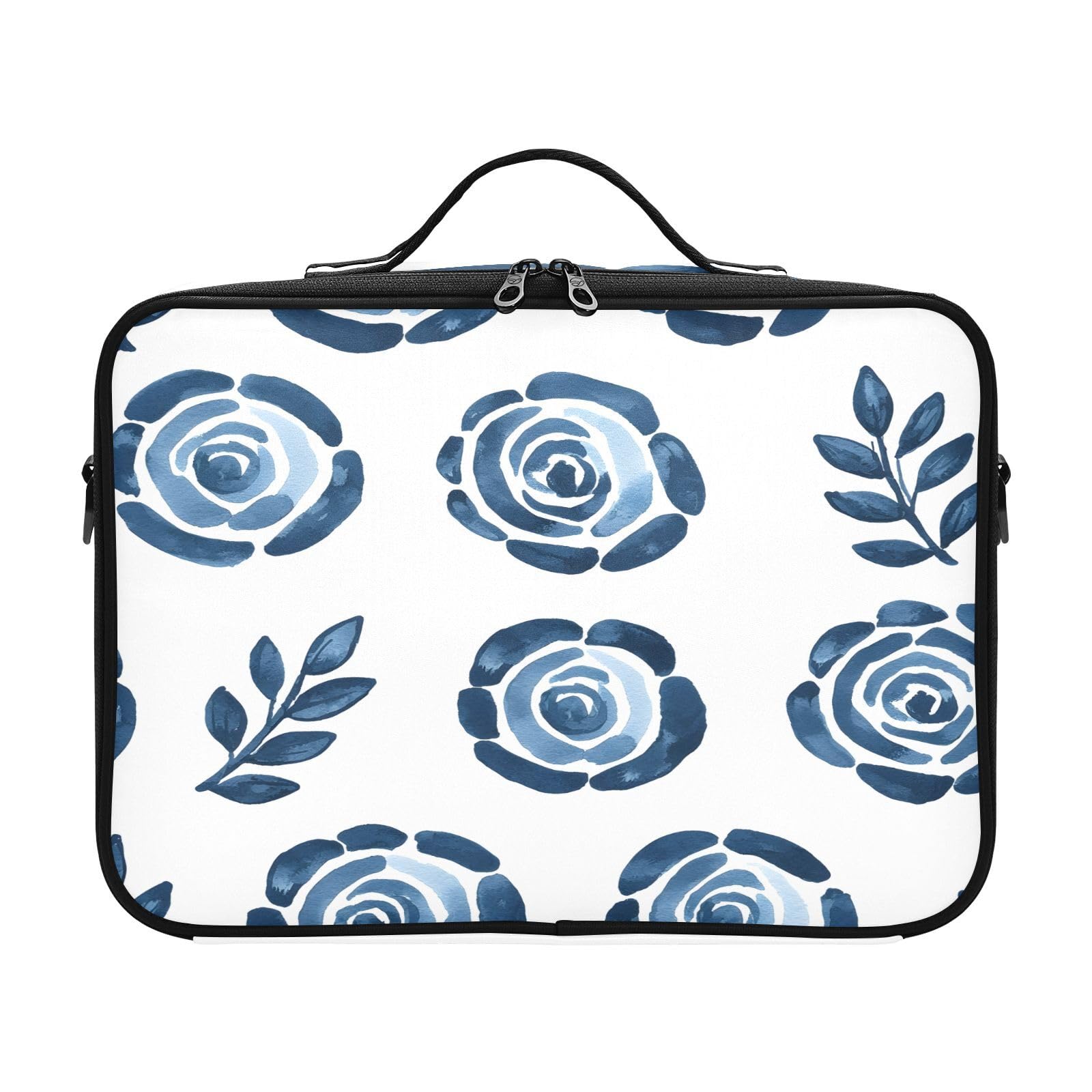 zyrtty Travel Makeup Train Case Blue Flower Ink Painting Pattern Cosmetic Organizer Portable Storage Bag with Adjustable Dividers for Cosmetics Brushes Toiletry Jewelry Digital Accessories