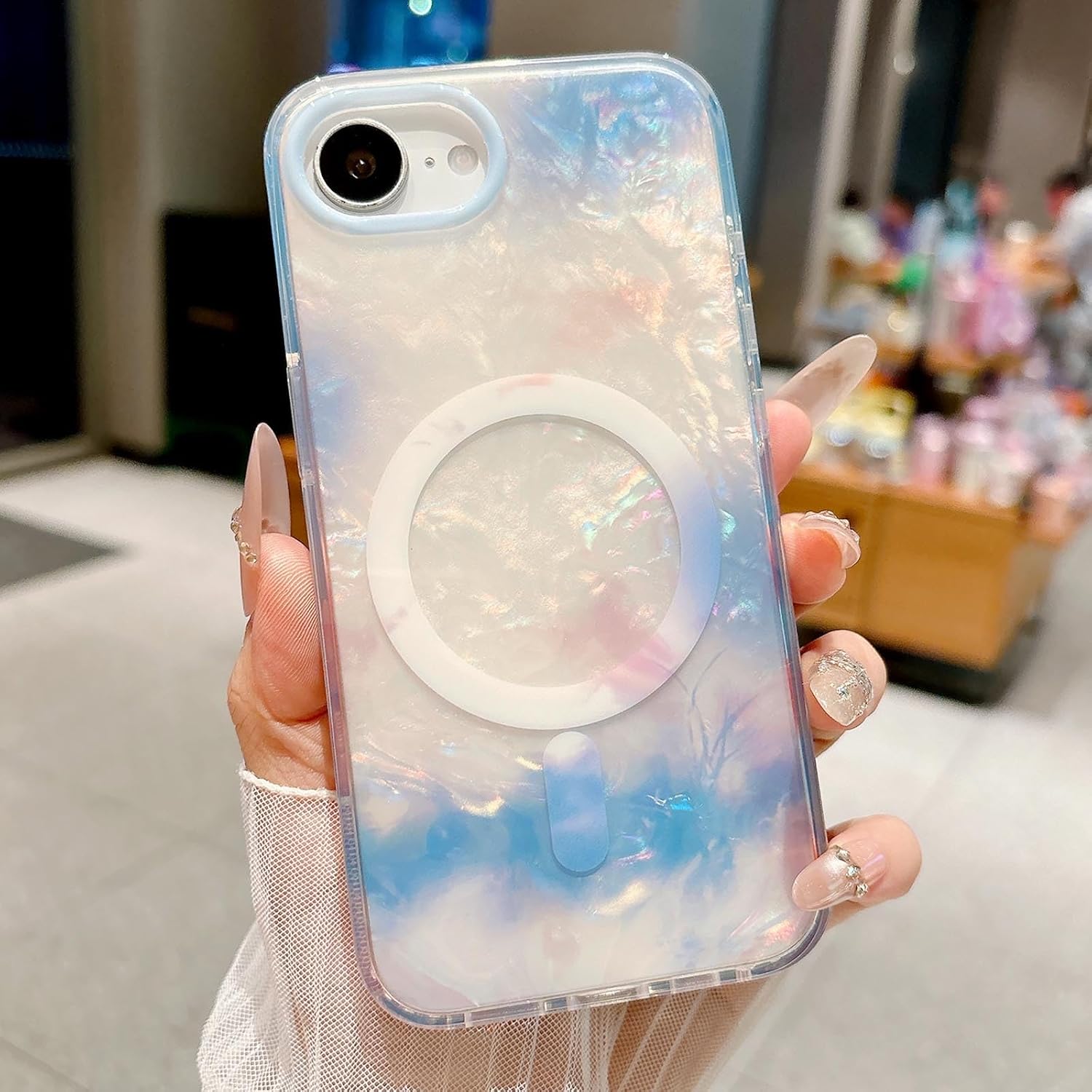 Magnetic for iPhone 16e Case [Compatible with MagSafe], Cute Pearl Iridescent Glitter Translucent Phone Case, TPU Shockproof Protective Cover for Girls Women-Blue