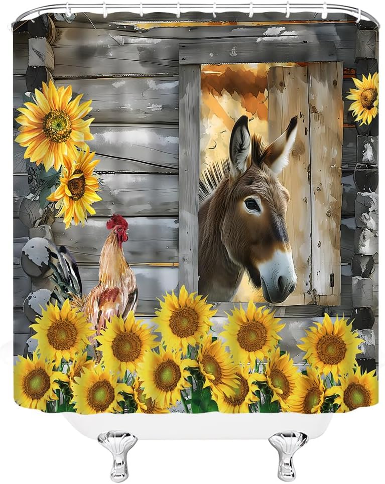 Rustic Farmhouse Shower Curtain Funny Donkey Rooster Sunflower Western Country Barn Farm Fabric Bathroom Decor Curtain with Hooks