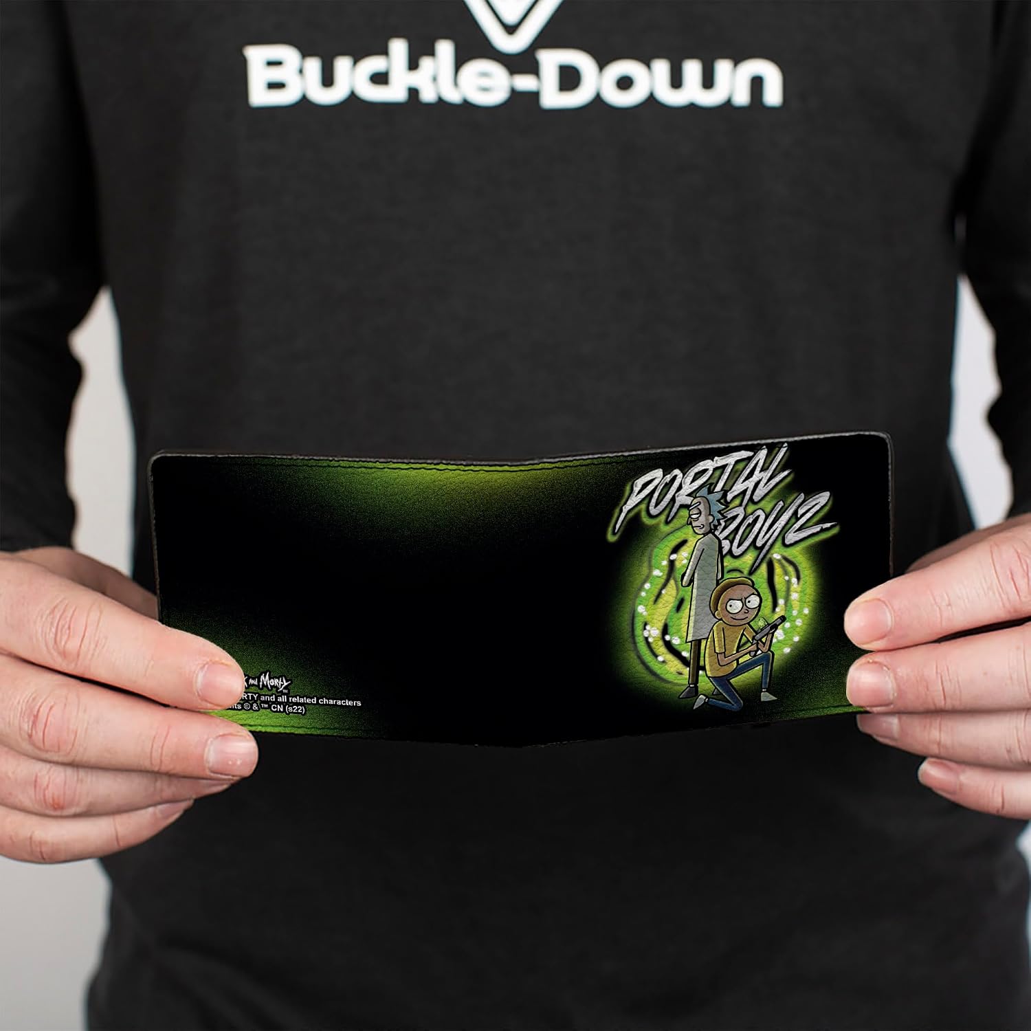 Buckle-Down Rick and Morty Wallet, Bifold, Rick and Morty Portal Boyz Pose Black Greens, Vegan Leather