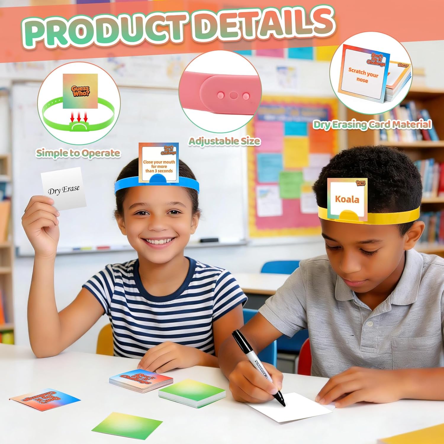 166 Pcs Headbands Game Set 6 Pcs Adjustable Headbands Board Game Can Insert Card with 100 Dry Erase Cards 60 Guess Who & Dont Do It Challenge Cards for Group Fun Family Night Party Activities