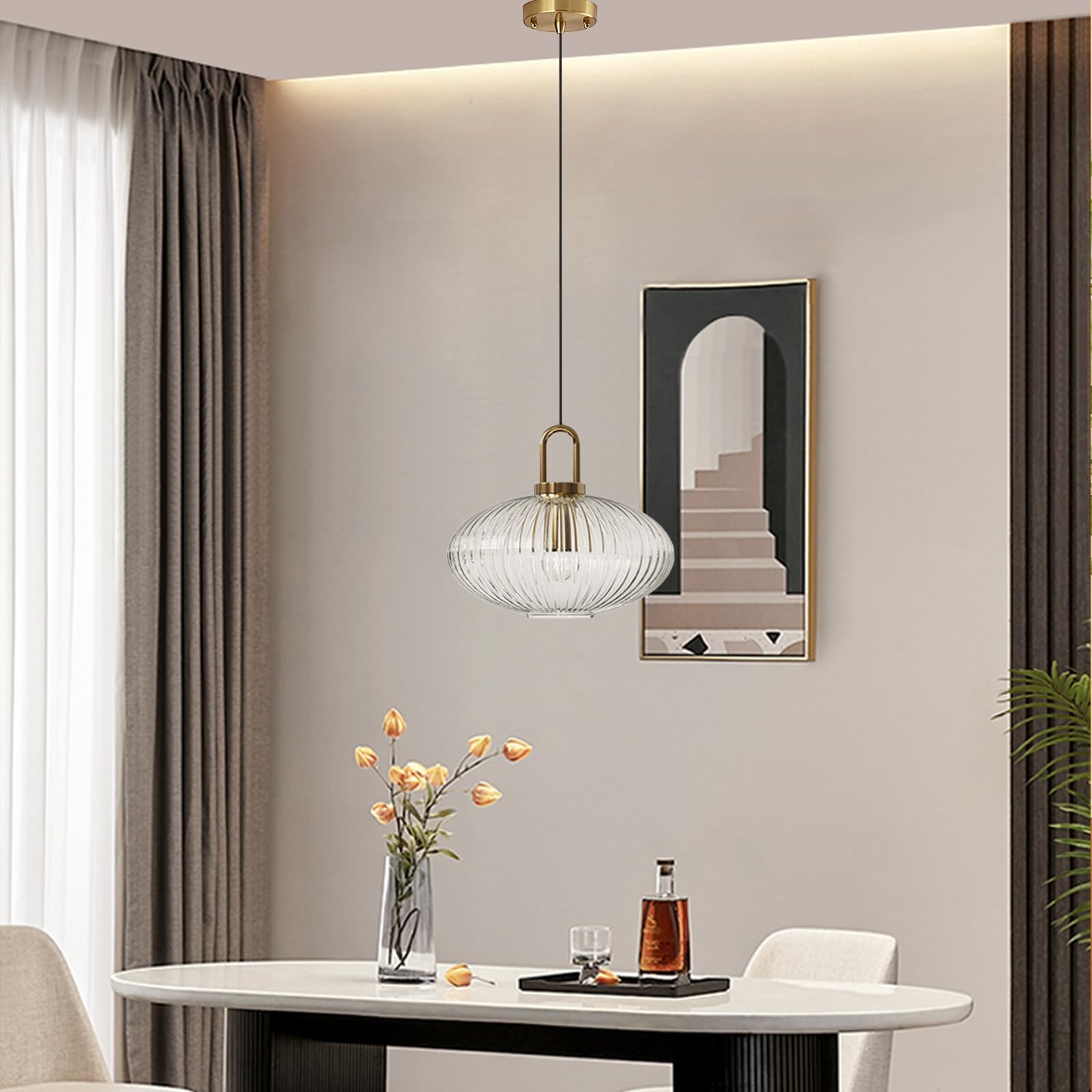 Lampadario Moderno in Vetro Trasparente a Righe, Lampada a Sospensione Regolabile con Finitura Ottone, Plafoniera E27 per Isola della Cucina, Sala da Pranzo, Camera da Letto (30cm)