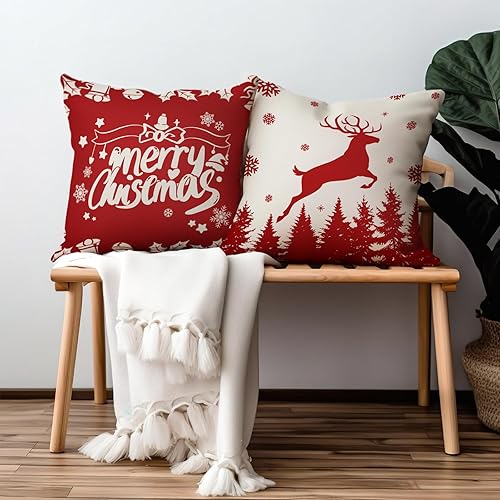Miniatura 3 de Fundas de almohada de reno de invierno de 18 x 18 pulgadas, funda de almohada de árbol de Navidad, fundas de almohada de lino para decoración de