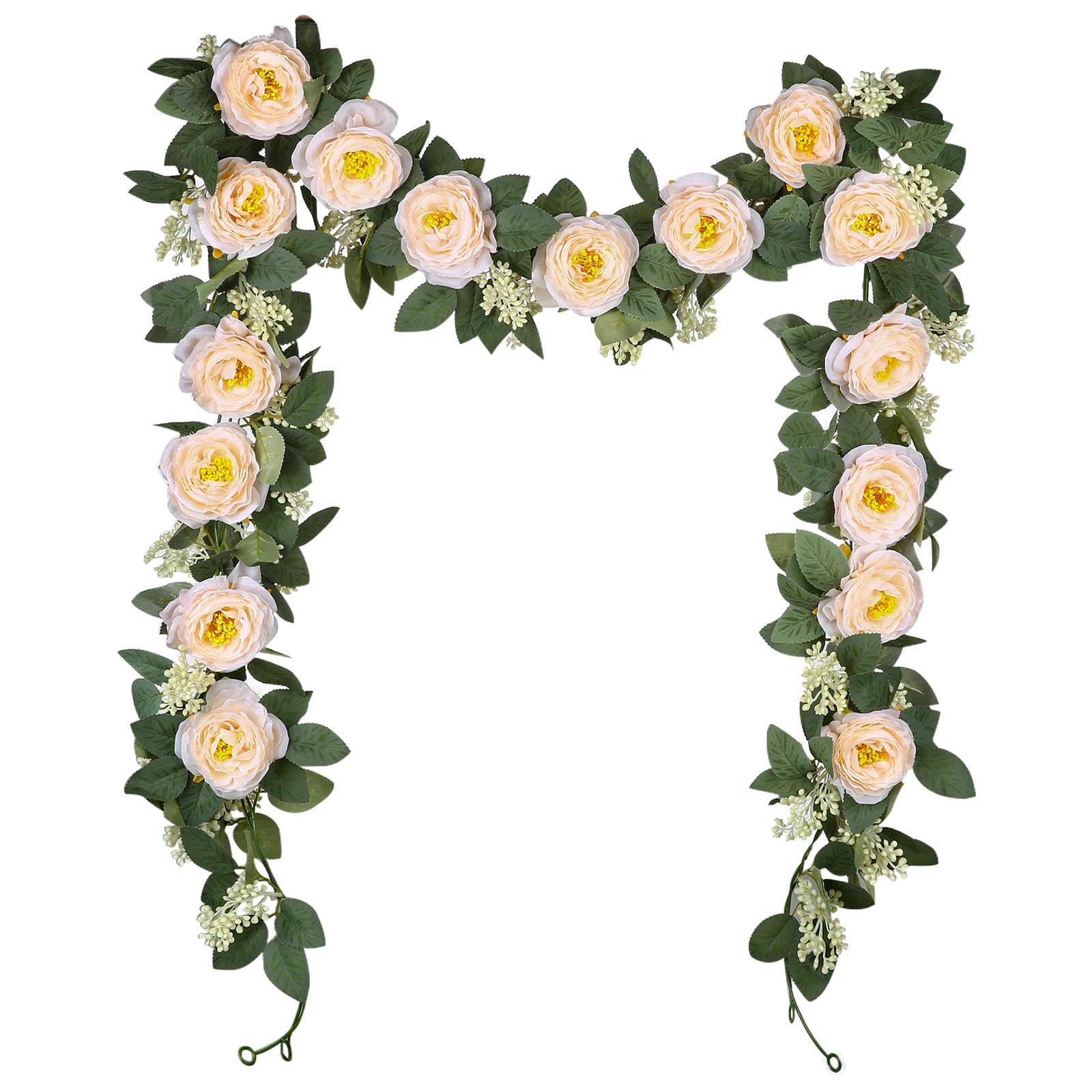 Tuocal 2 Pcs/11.5FT Artificial Rose Vine Garland, Fake Flowers Vines Faux Hanging Rose Garland for Home Wedding Party Garden Craft Art Wall Decoration, Champagne