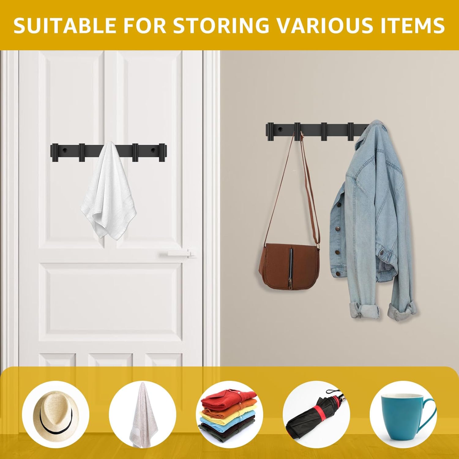 2 Pack Wall Mounted Coat Rack with 5 Hooks,Black Stainless Steel Heavy Duty Wall Hooks, Rustproof Wall Coat Hanger for Coats Hats Towels Bags Keys Bathroom Kitchen Entryway Office
