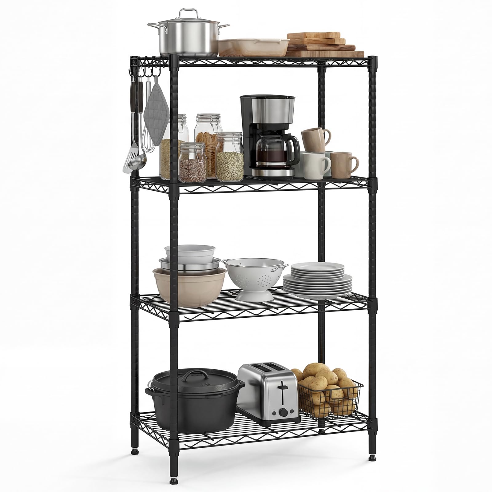 GiantexUK 3/4/5/6-Tier Wire Shelving Unit, Adjustable Heavy-Duty Metal Storage Shelves with 4 Hooks & Leveling Feet, Utility Storage Rack Organizer for Kitchen Pantry Garage Basement (Medium, 4)
