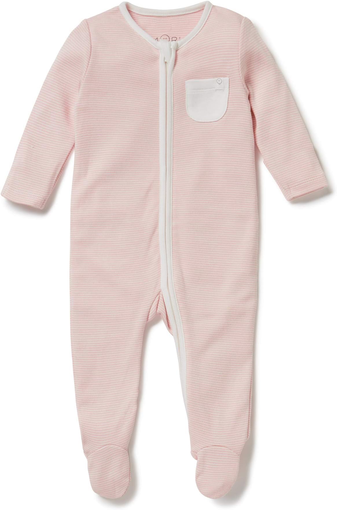 MORI Baby Boys and Girls Zip Up Sleepsuit in Blush Stripe Organic Cotton Bamboo Unisex Footed Pyjama - Newborn Infant Nightwear with Months Pocket