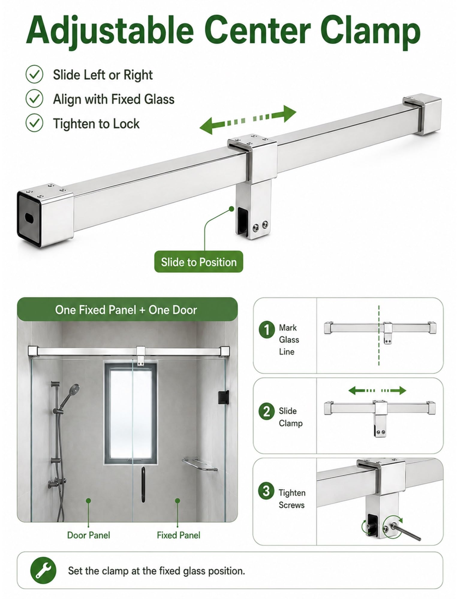 Duschglas-Stabilisator aus Edelstahl, T-förmige Vierkantstrebe | Verschiebbare Mittelhalterung für rahmenloses Glas 8–10 mm, wasserdicht und wackelfest(Silver,L-150 CM)