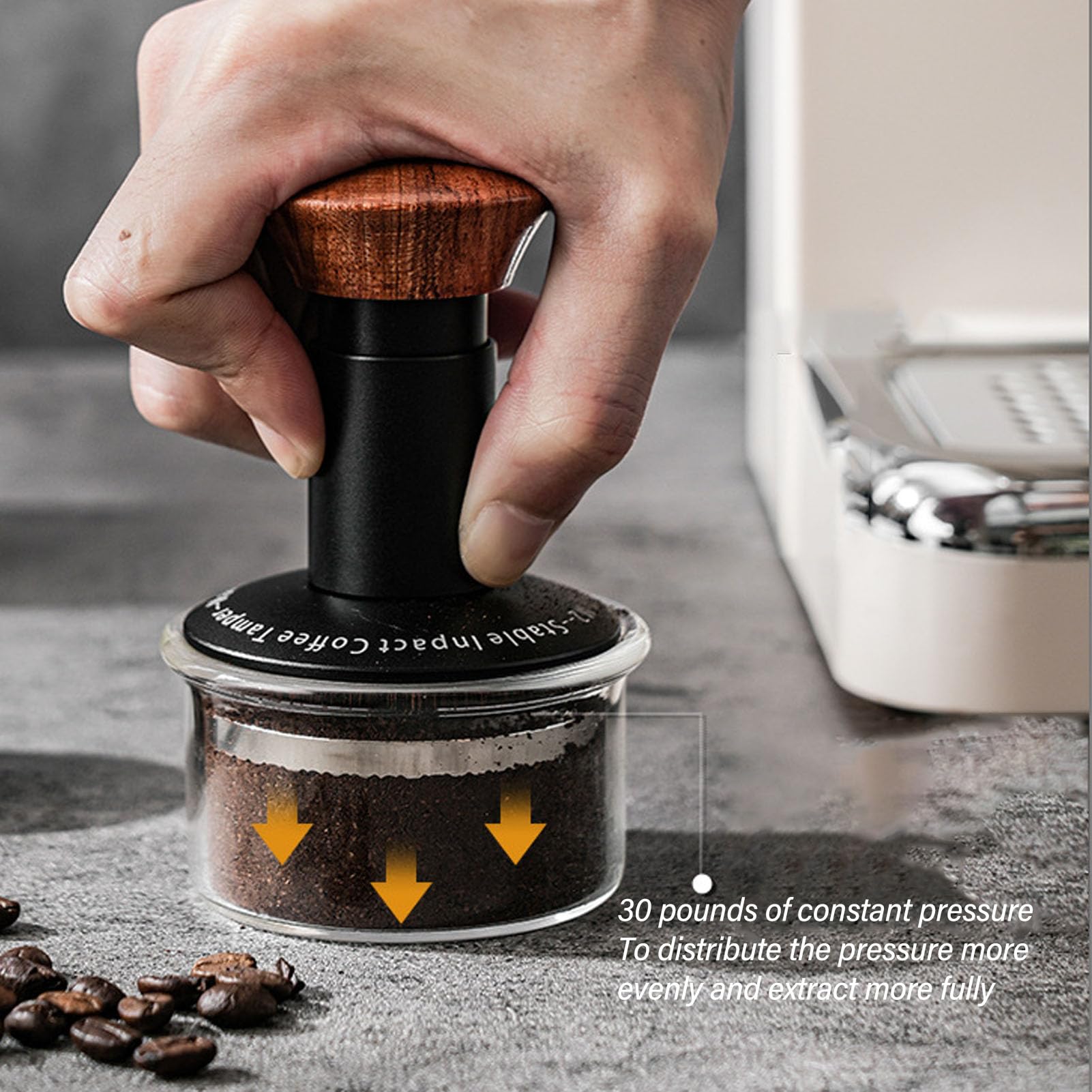 Wakects Ubijak do Kawy Sprężynowy Ubijak do Kawy Aluminium Stal Nierdzewna i Lite Drewno Ergonomiczny Uchwyt o Stałym Ciśnieniu 100 Mm dla Domowych Baristów Kolba (58MM)