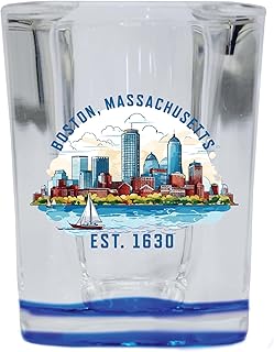 R and R Imports Boston Massachusetts B Souvenir 2.5 Ounce Shot Glass Square Blue Base Single