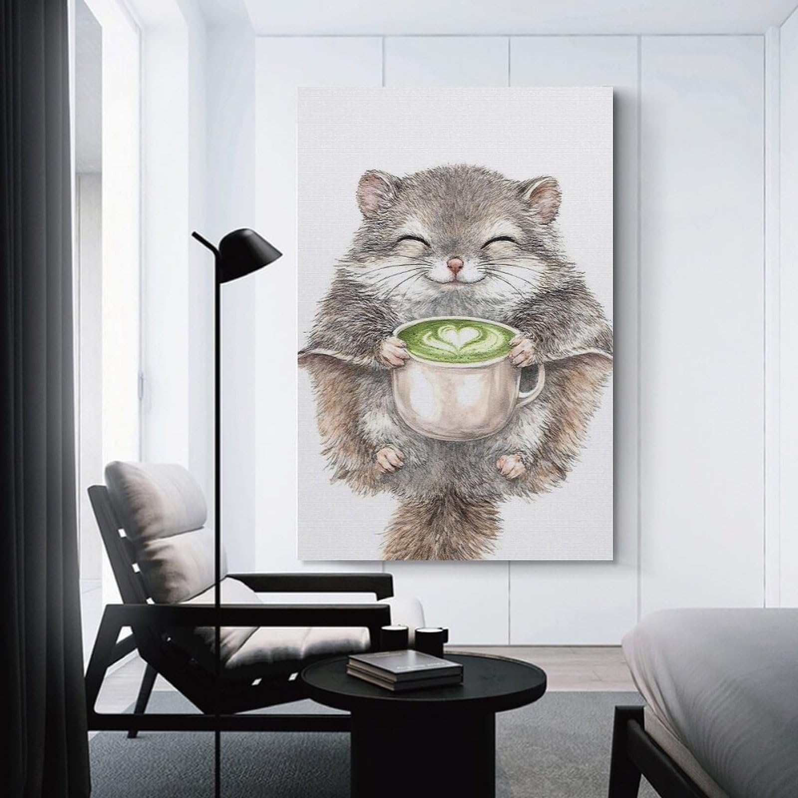 Junmoney Cute Squirrel Holding Matcha Latte Canvas Art Print 24x36inch(60x90cm), for Work Areas, Reading Rooms Or Studios, Canvas Wall Decor for Creative Rooms