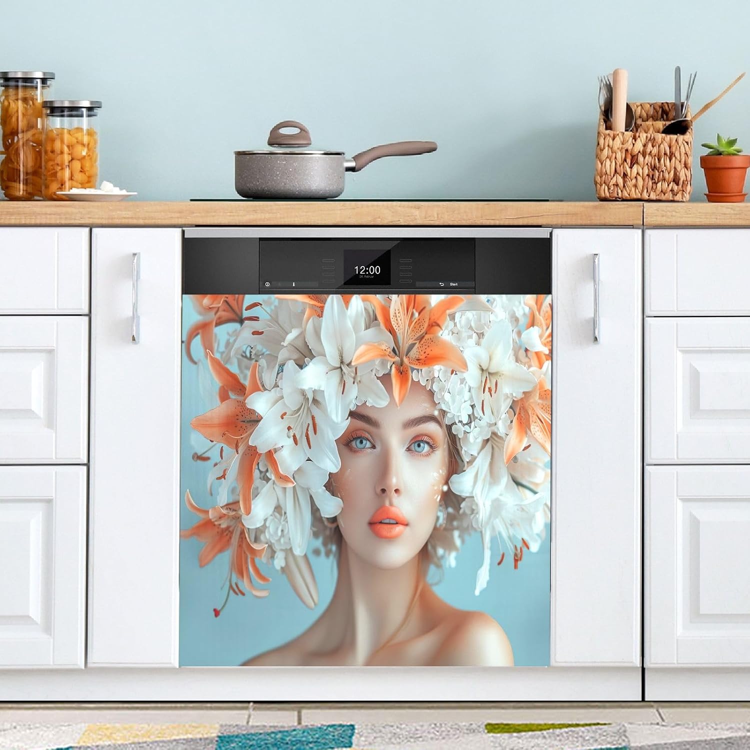 Beautiful Woman White Orange Flowers Magnet Dishwasher Cover Kitchen Decor, Decorative Magnetic Dishwasher Panel Decal Holiday Party Decor 23" x 26"