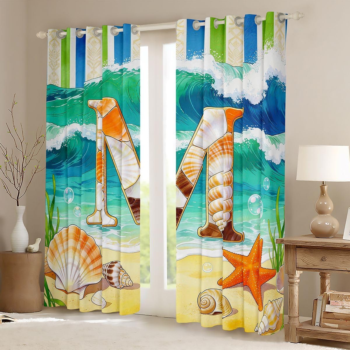 Feelyou Hawaiian Beach Curtain Kids Personalized Initial Letter M Window Drapes (2 Panels, 38 x 45 Inch) Beach Coastal Blackout Shades for Women Men Room Decor Microfiber Marine Life Sea image 2