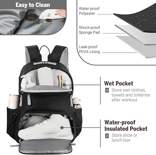 Miniatura 3 de MoKo Mochila de gimnasio para mujer, mochila de viaje grande con compartimento para zapatos, bolsa deportiva con bolsillos húmedos, mochila para