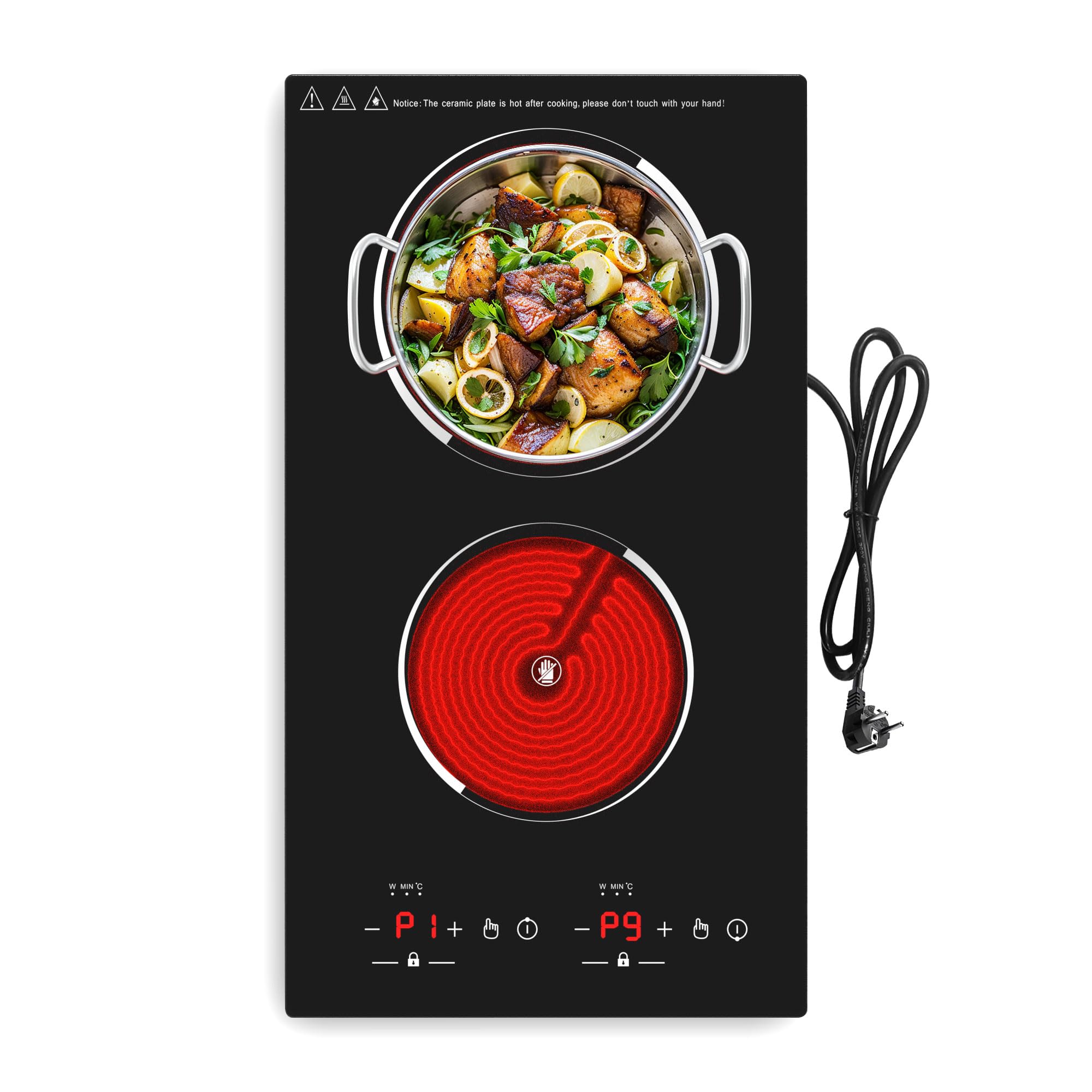VBGK Placa Vitrocerámica 2 Fuegos 3000W, Doble Placa Eléctrica Táctil con 9 Niveles, Temporizador, Bloqueo Infantil, Empotrable y Portátil, 220V, Compatible con Todos los Utensilios, 220-240V