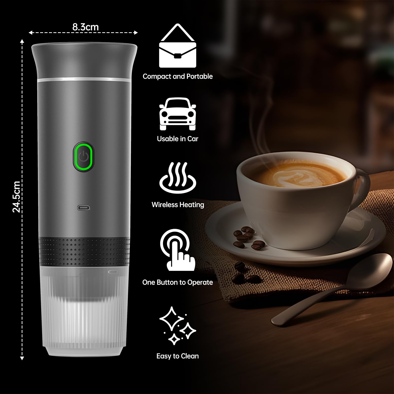 Macchina da caffè portatile per auto, macchina da caffè da viaggio con riscaldamento elettrico USB-C, compatibile con capsule NS e caffè macinato,80ml mini caffettiera per campeggio