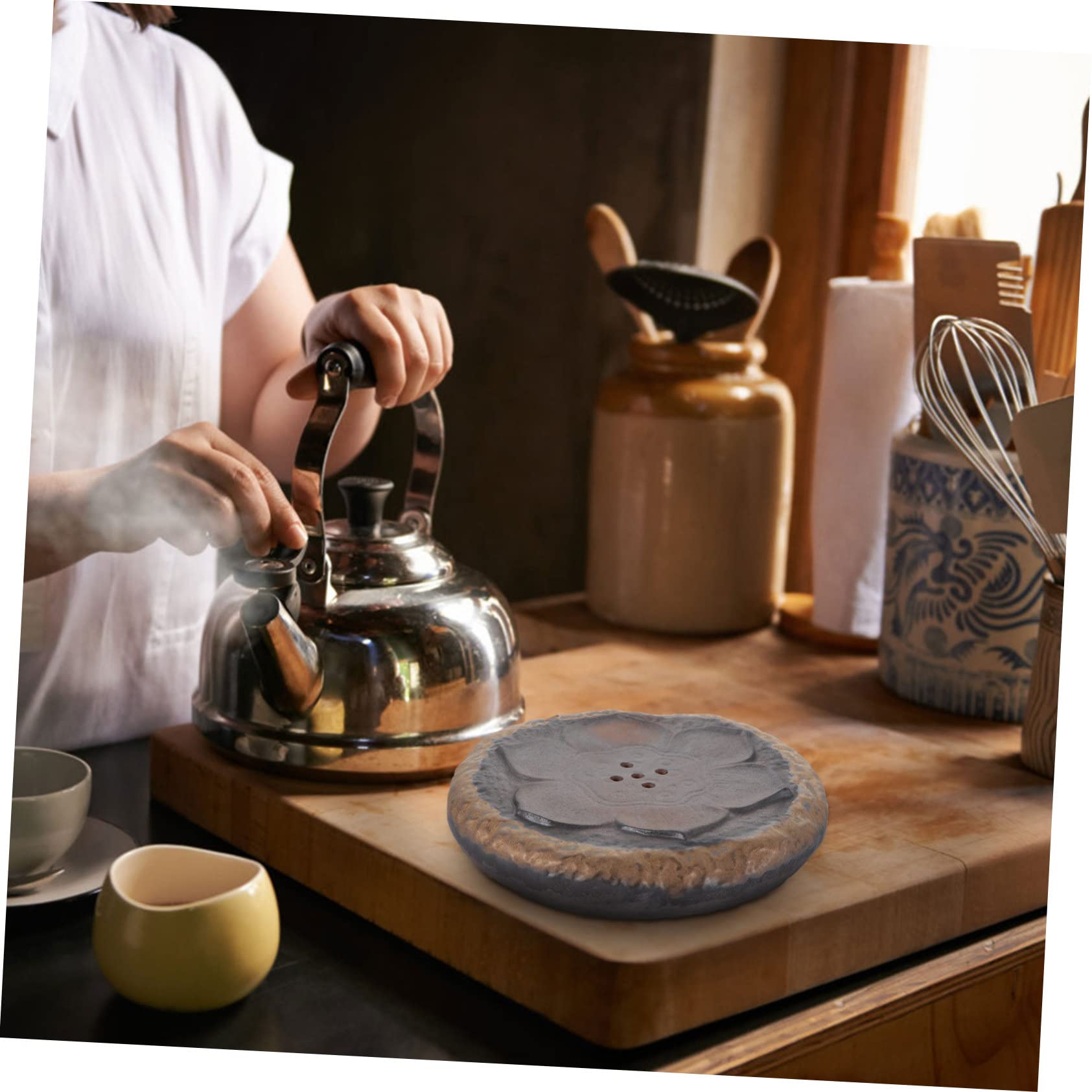 Ciieeo Traditional Chinese Tea Set Retro Crude Pottery Tea Pot Holder Tray Round Stone Plate