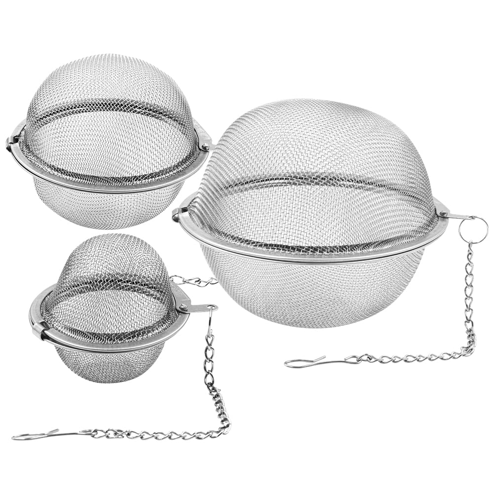 Tea Strainers, Stainless Steel Mesh Tea Ball Infuser Tea Filter and Steeper with Extended Chain Hook for Loose Tea Leaves Spices Seasonings, 3 Pack