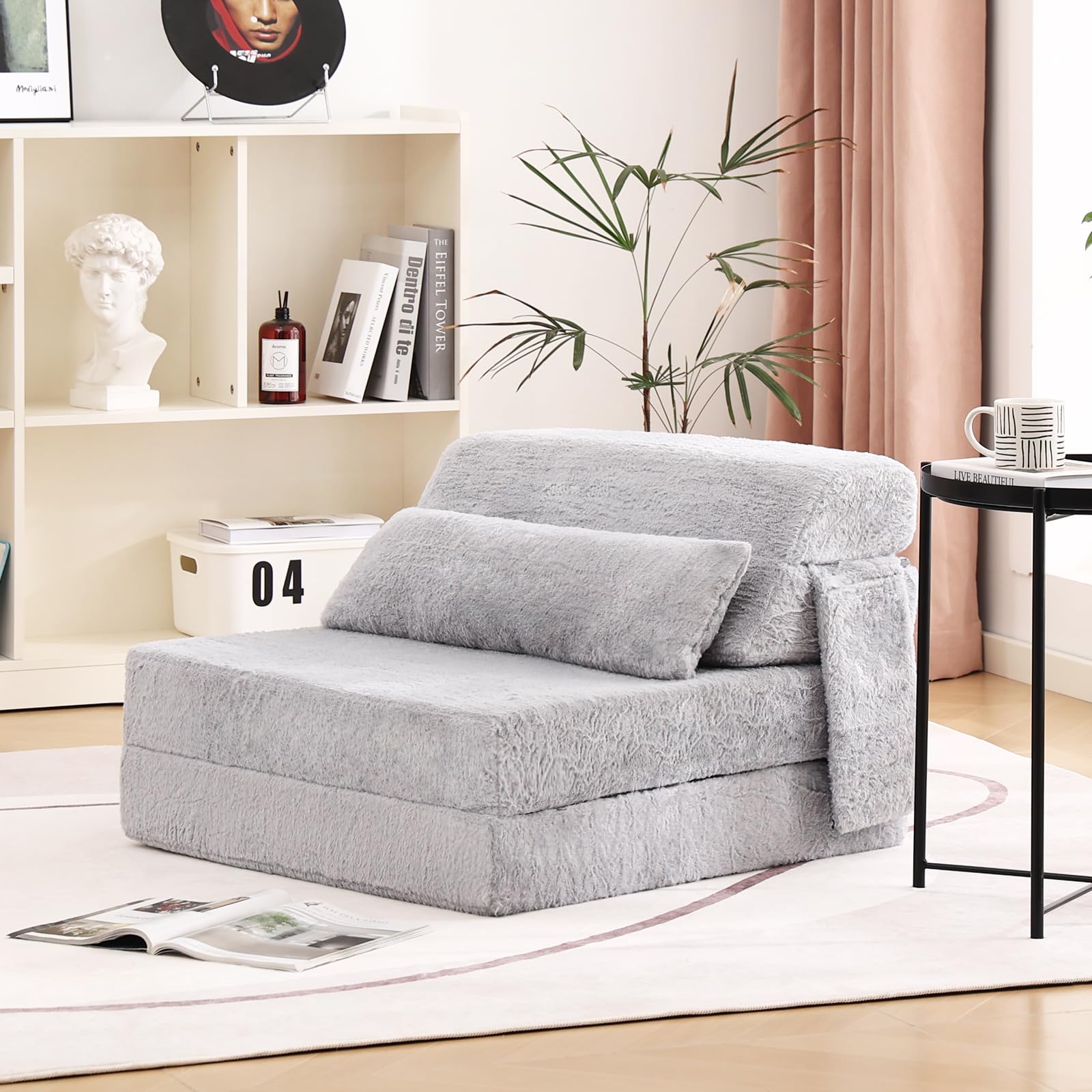 Sofá cama plegable con almohada, colchón de tamaño individual y tela de felpa con bolsa de almacenamiento portátil, tumbona de suelo, cama para sala de estar, habitación de invitados, 9