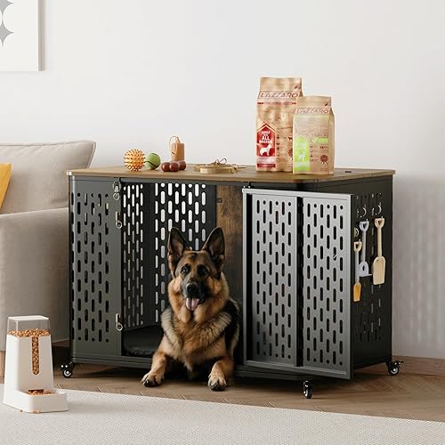Miniatura 3 de Mueble resistente para perros grandes y medianos, jaula de perro grande de 43.7 pulgadas con tapa abatible, cojín y ruedas, jaula para mascotas a