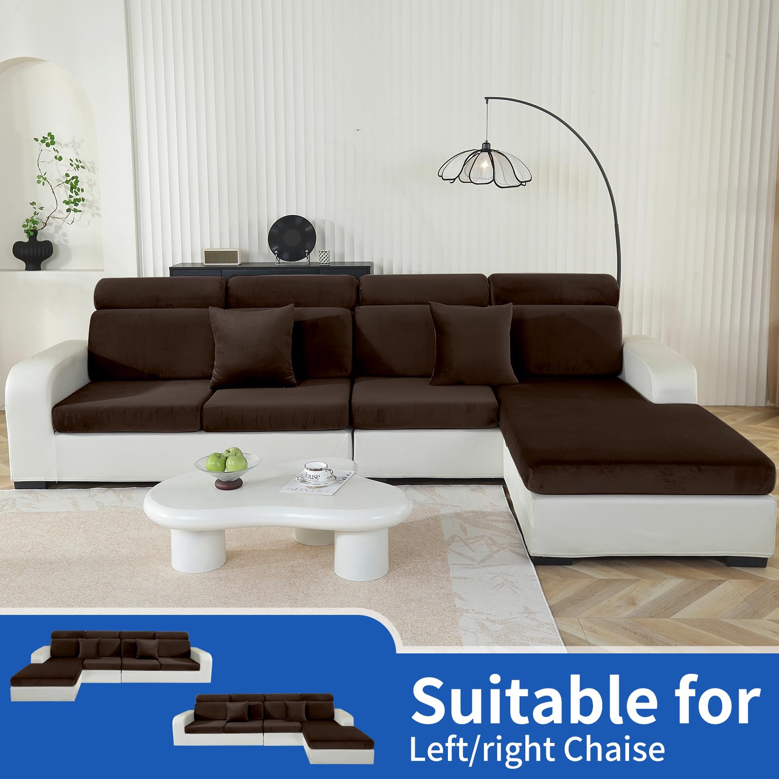 Ystyle Sofa Sitzkissenbezug Stretch, Elastischer Samt Sofa Sitzbezug rutschfest, Universal Sofaschoner Sitzfläche Waschbare, Sofakissen Bezug Sofabezug (1 Sitzer*3+Chaiselongue, Dunkel Kaffee)