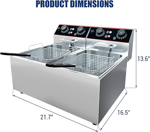 Miniatura 3 de Freidora comercial, freidora eléctrica de 16.8 cuartos de galón con doble cesta y tapa, freidora de acero inoxidable con control de temperatura