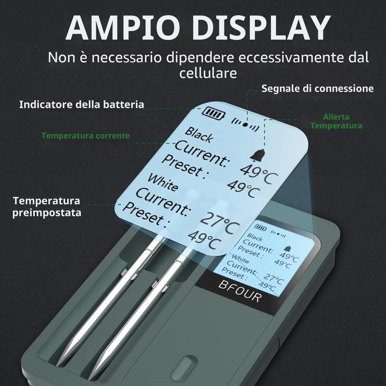 Termometro per carne senza fili Bluetooth con 2 sonde, display LCD, controllo tramite APP, termometro per griglia per BBQ, griglia, affumicatore, forno, cucina, BF-40
