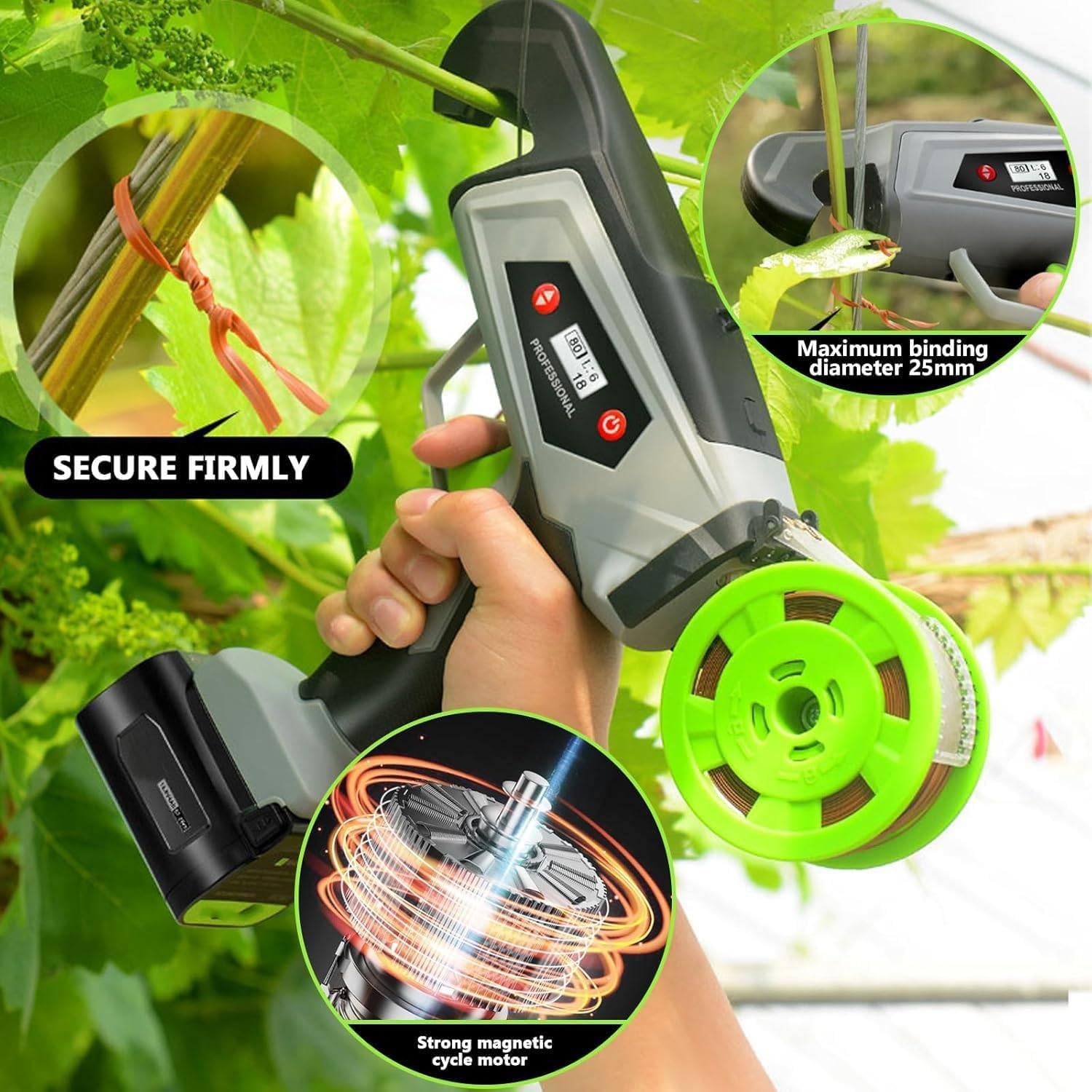 Herramienta automática para atar plantas con correas ajustables y pantalla digital para soporte de vid en jardines, ideal para uvas, pepinos, tomates y pimientos