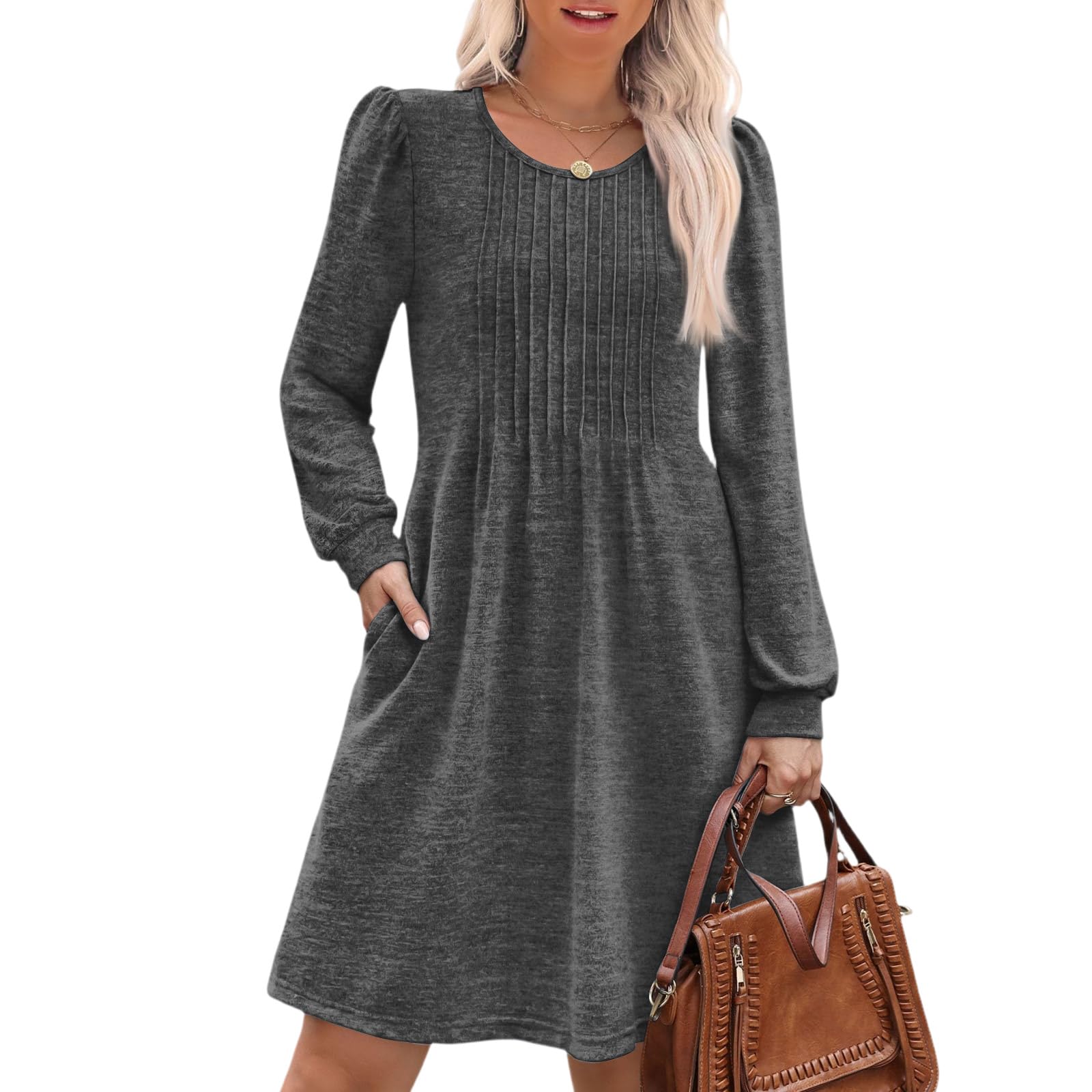 Swing Dresses for Women Winter Fall Clothes Outfits Work Baggy Travel Wedding Midi V Neck Long Sleeve Dress